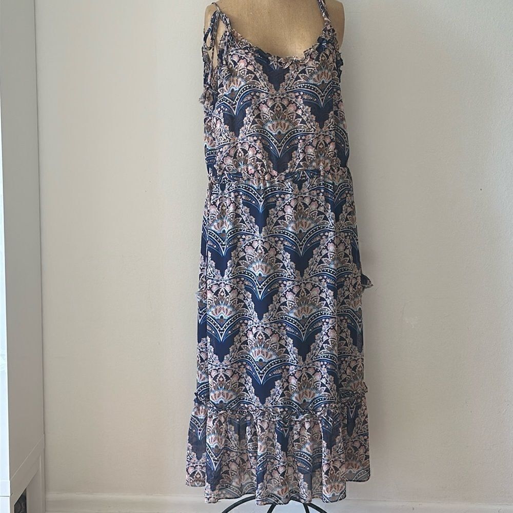 Misa Los Angeles sz L viscose maxi dress shoulder and waist cinch ties EUC blue